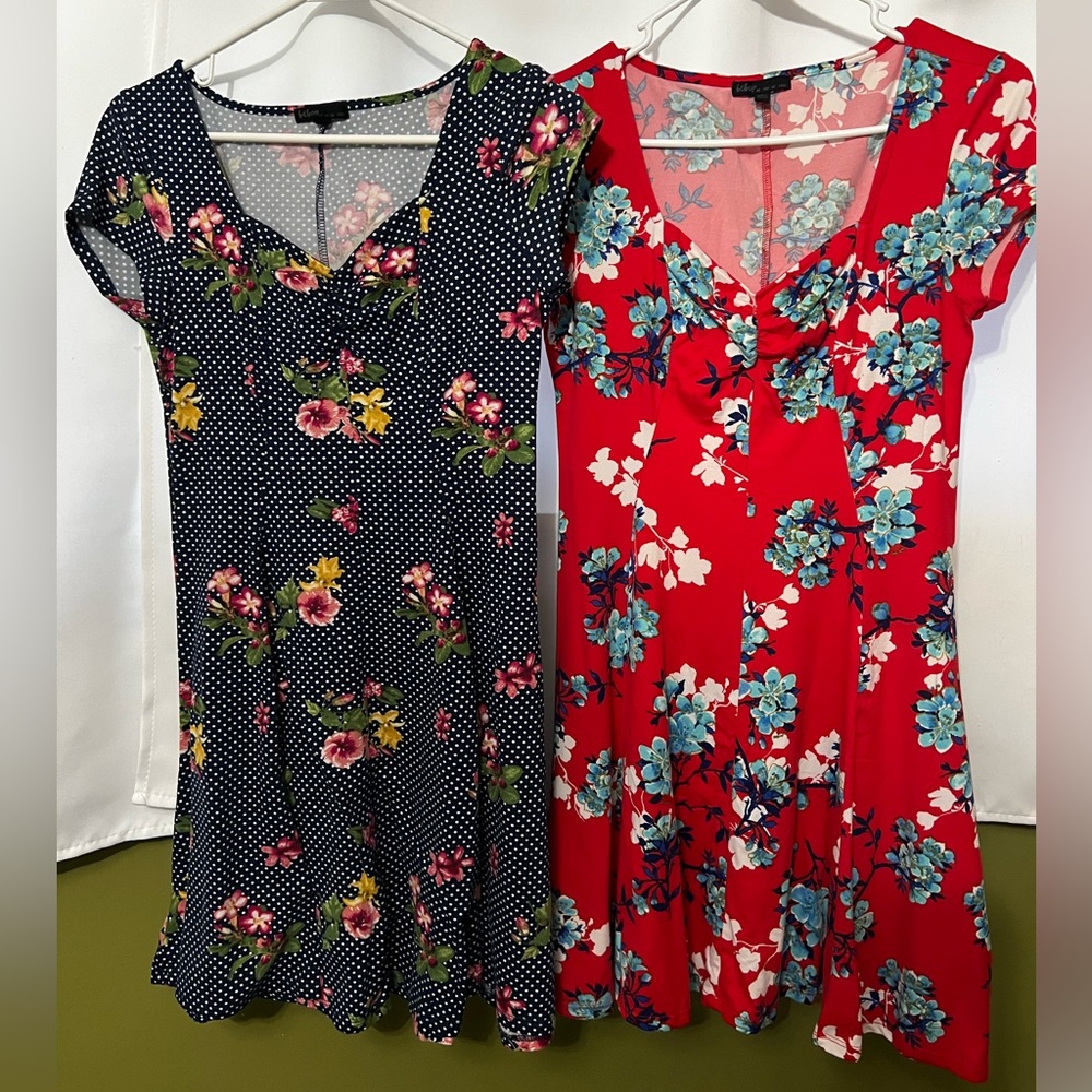 Navy Polka Dot & Red Floral Dresses | Medium